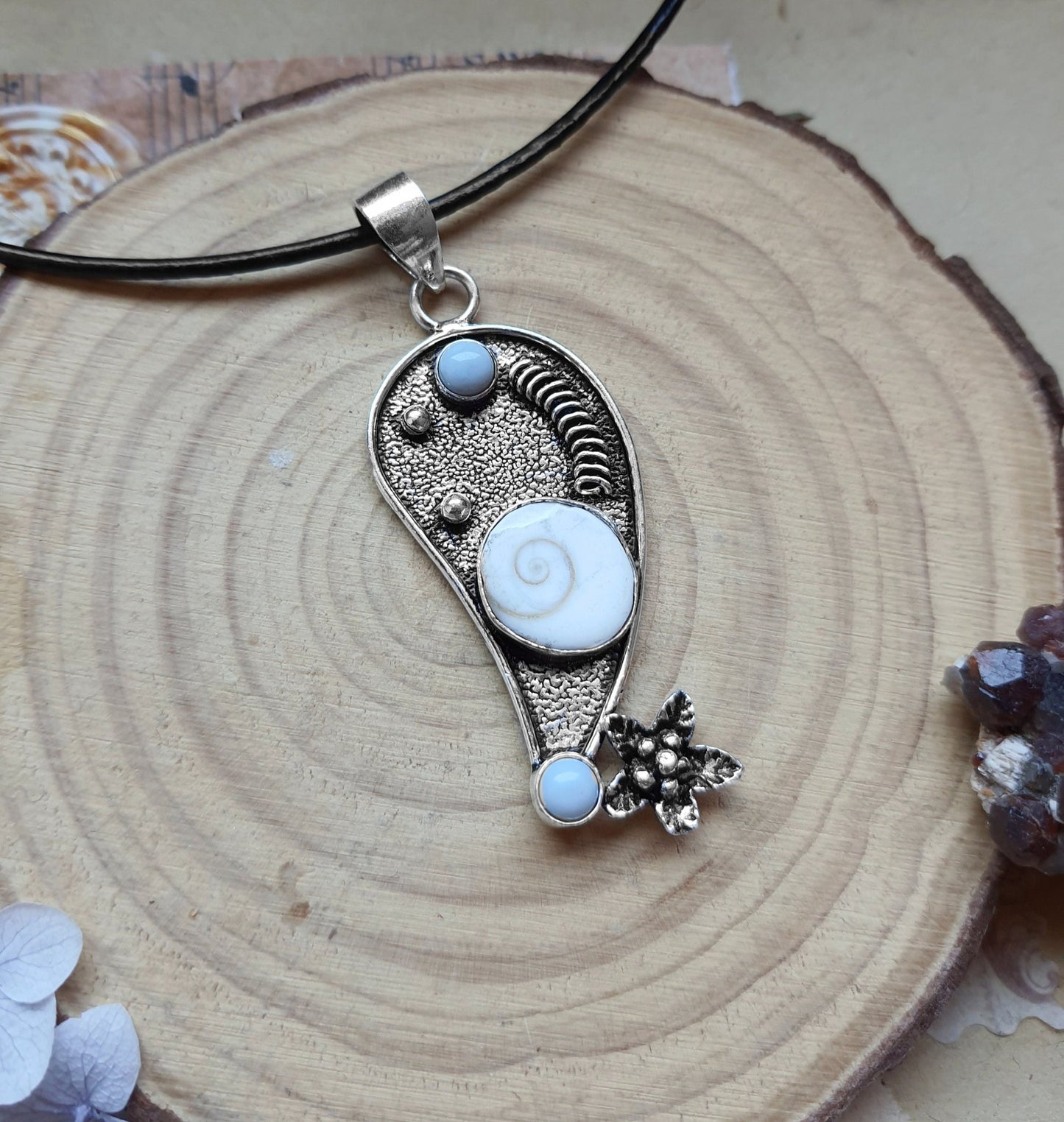 Shiva Eye & Owyhee Opal Sterling Silver Pendant, Unique Crystal Necklace - LunarGem - 