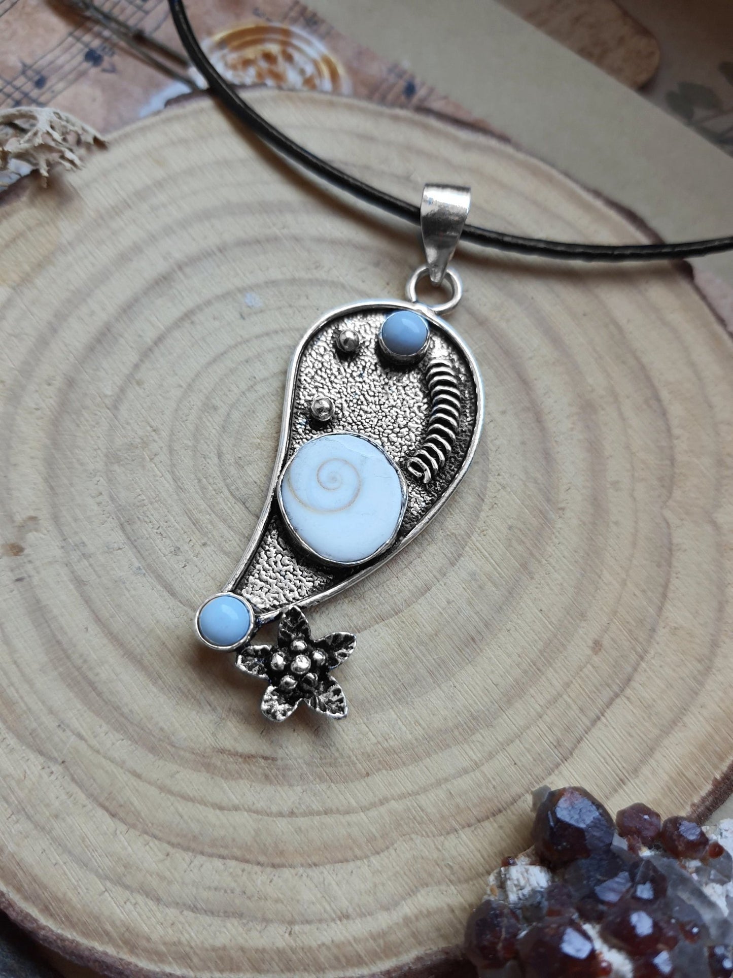 Shiva Eye & Owyhee Opal Sterling Silver Pendant, Unique Crystal Necklace - LunarGem - 