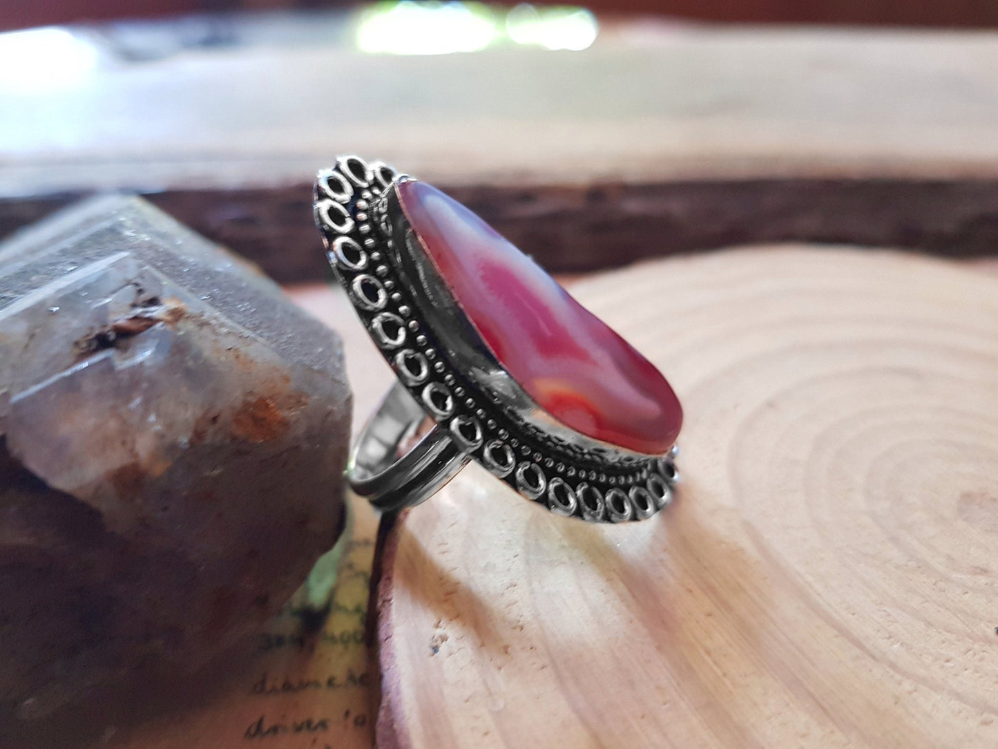 Solar Agate Sterling Silver Ring - US Size 7 - Boho Statement Ring - LunarGem - 