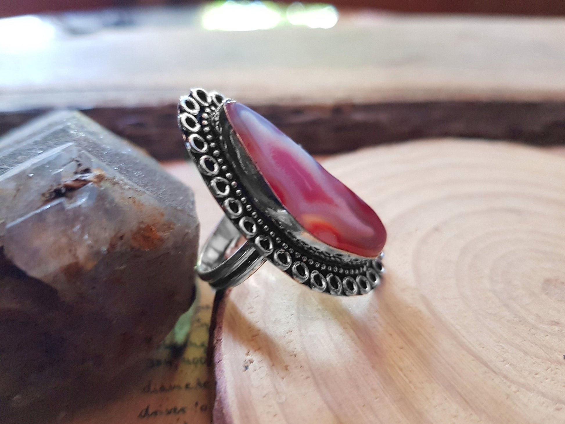 Solar Agate Sterling Silver Ring - US Size 7 - Boho Statement Ring - LunarGem - 