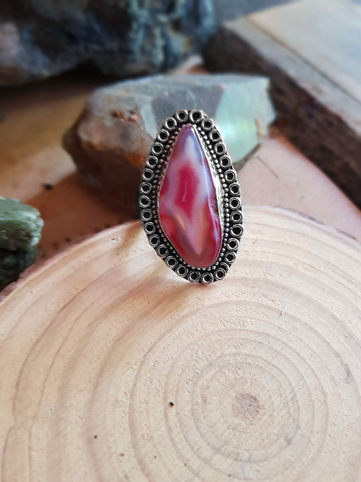 Solar Agate Sterling Silver Ring - US Size 7 - Boho Statement Ring - LunarGem - 