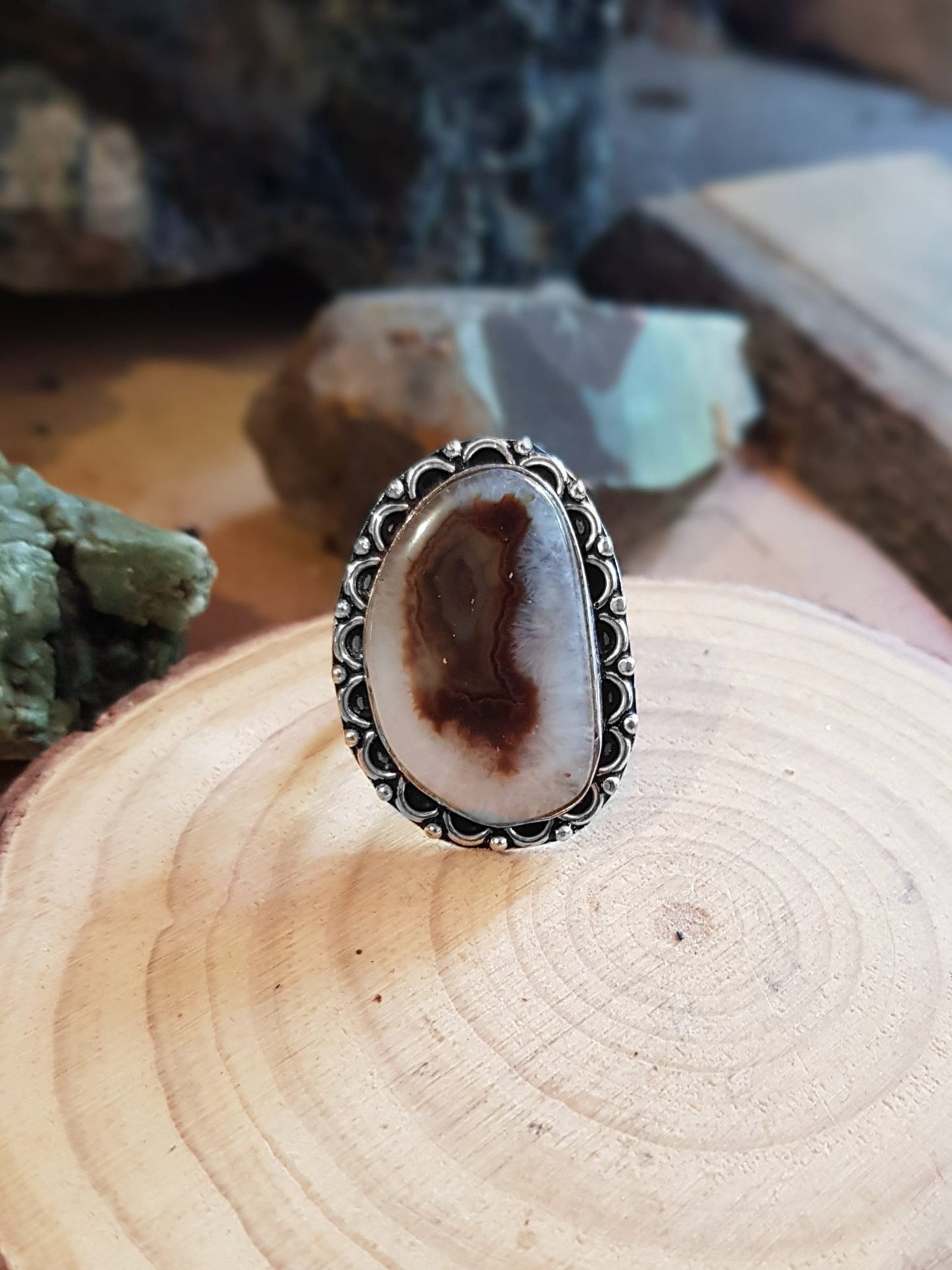 Solar Agate Sterling Silver Ring - US Size 9 - Boho Statement Ring - LunarGem - 
