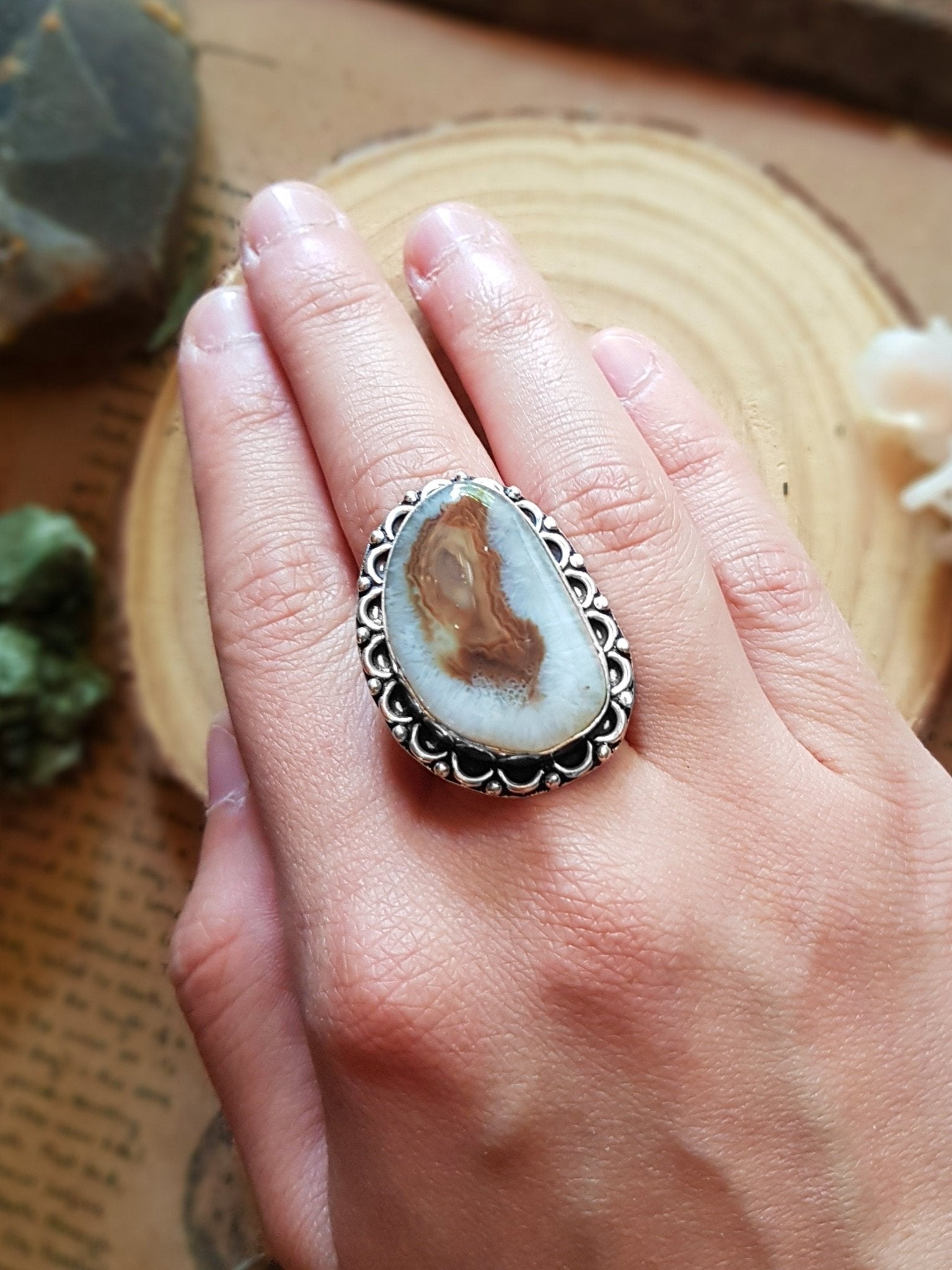 Solar Agate Sterling Silver Ring - US Size 9 - Boho Statement Ring - LunarGem - 