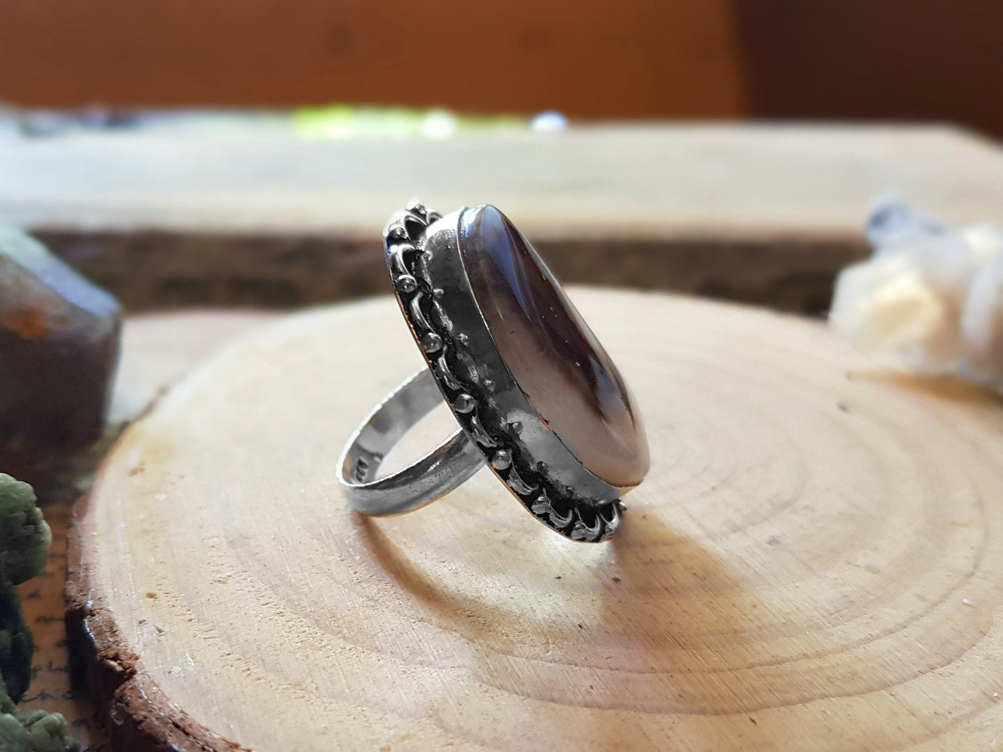 Solar Agate Sterling Silver Ring - US Size 9 - Boho Statement Ring - LunarGem - 