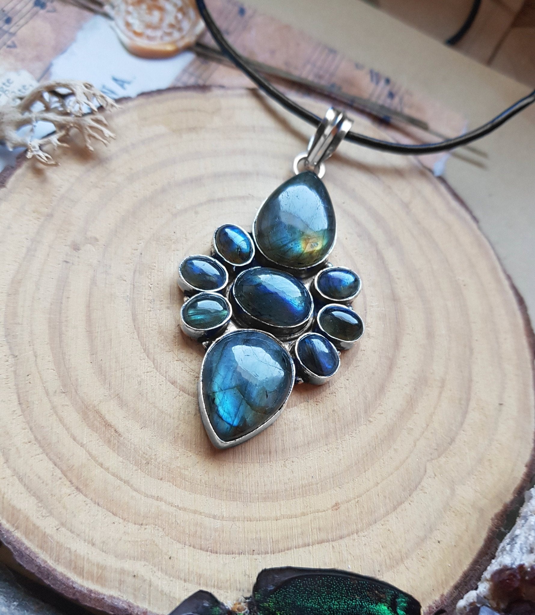 Sterling Silver Labradorite Pendant, Big Statement Boho Jewelry - LunarGem - 