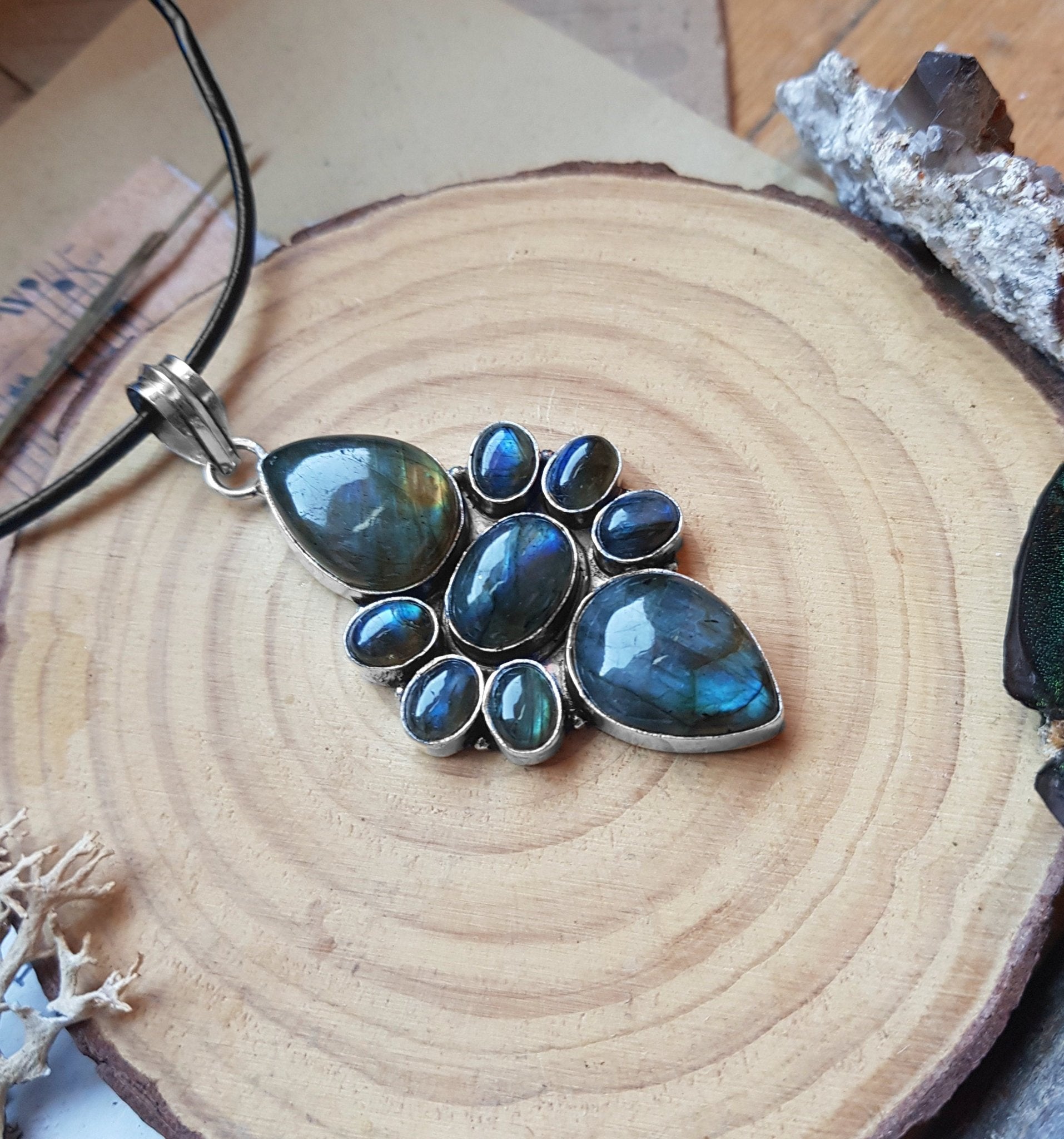 Sterling Silver Labradorite Pendant, Big Statement Boho Jewelry - LunarGem - 