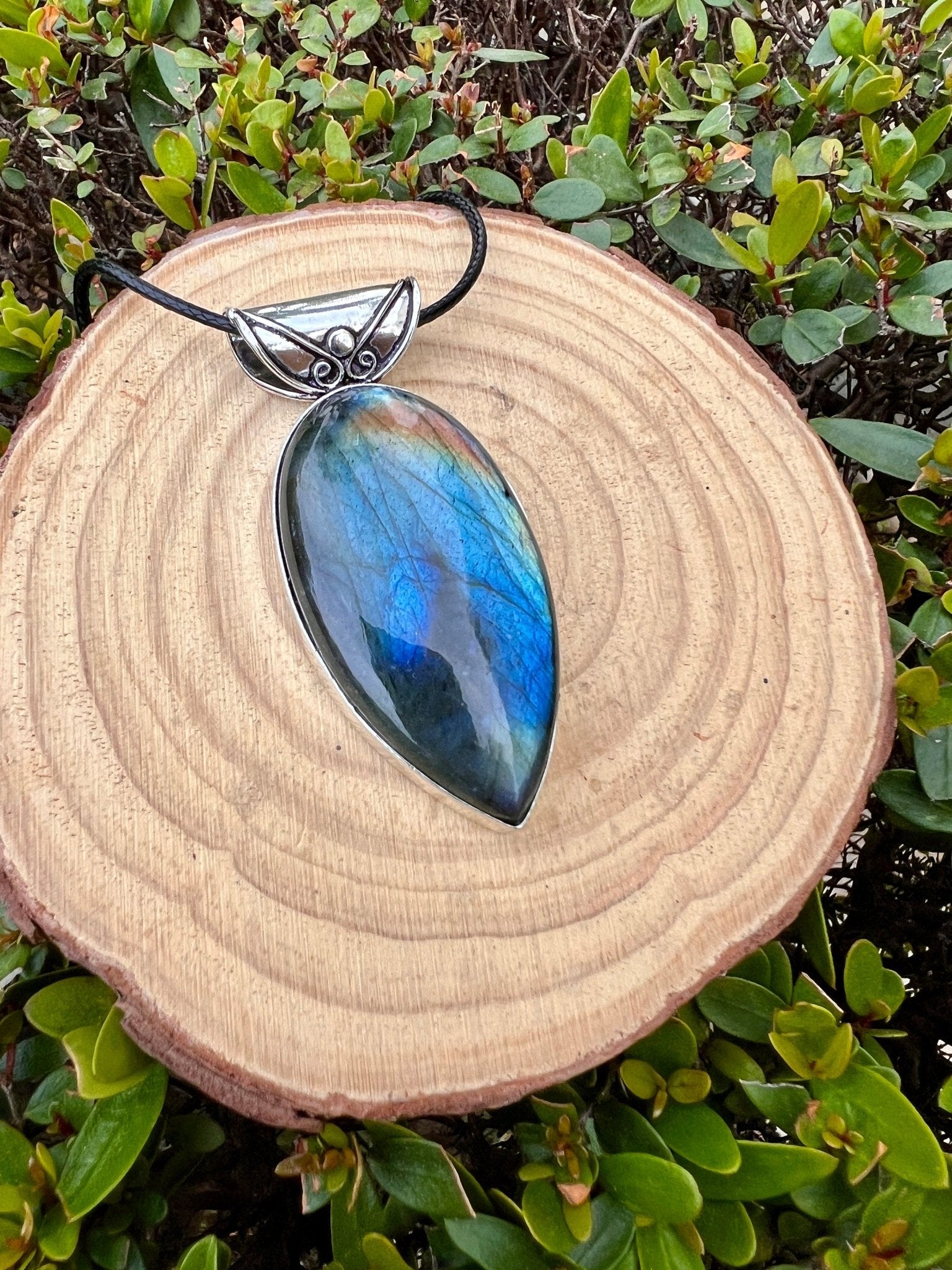 Sterling Silver Labradorite Pendant, Large Teardrop Boho Necklace - LunarGem - 