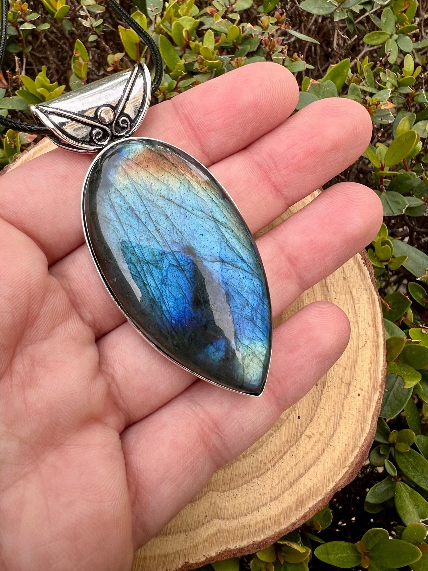 Sterling Silver Labradorite Pendant, Large Teardrop Boho Necklace - LunarGem - 