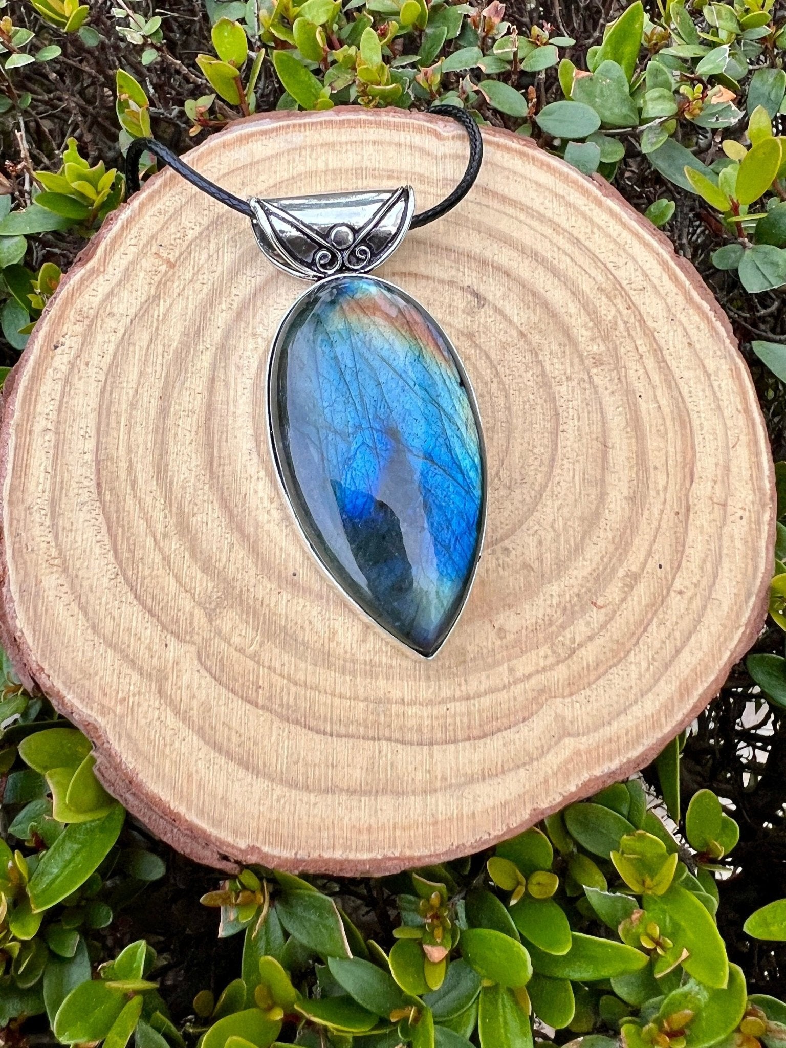 Sterling Silver Labradorite Pendant, Large Teardrop Boho Necklace - LunarGem - 