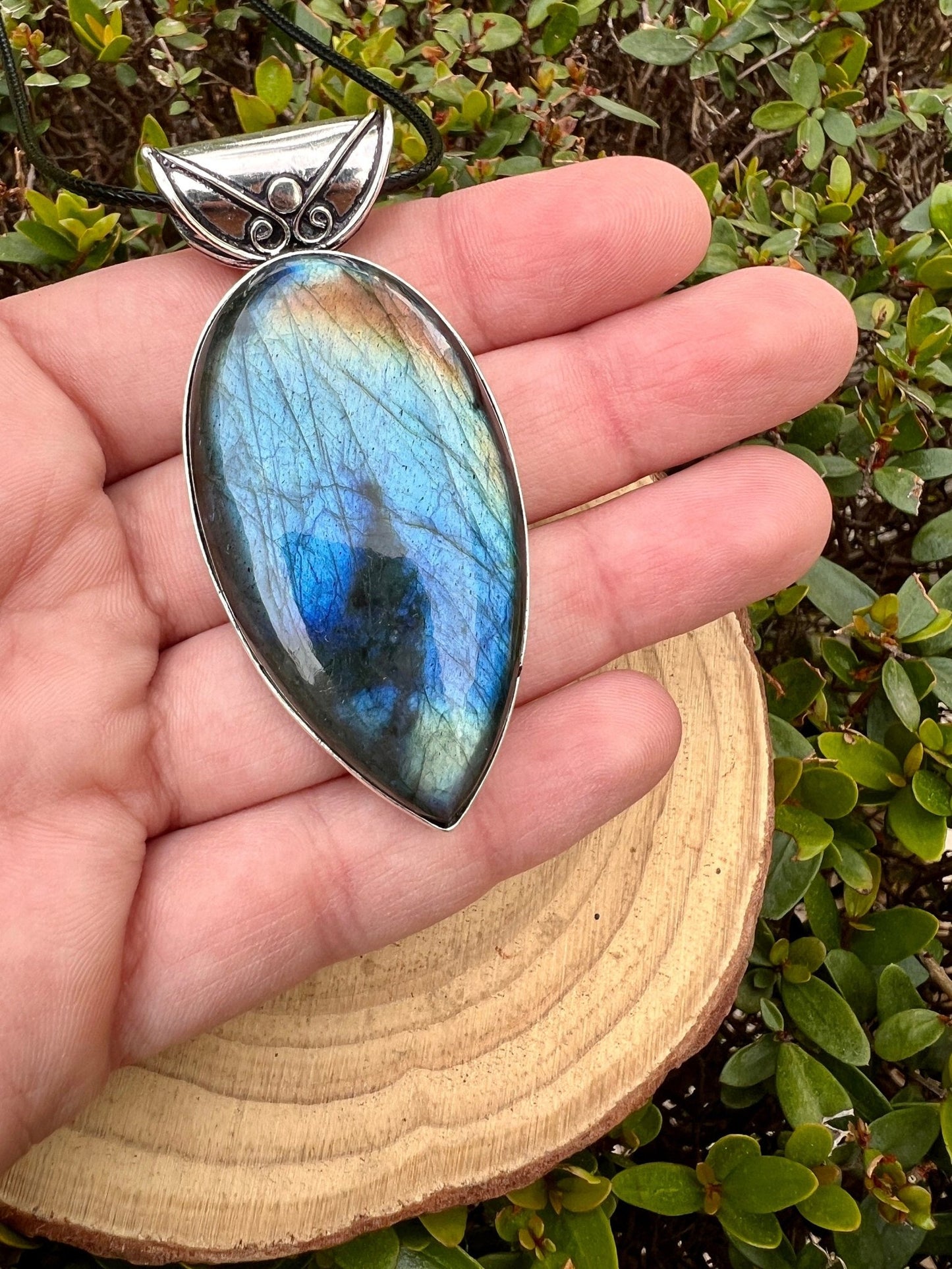 Sterling Silver Labradorite Pendant, Large Teardrop Boho Necklace - LunarGem - 
