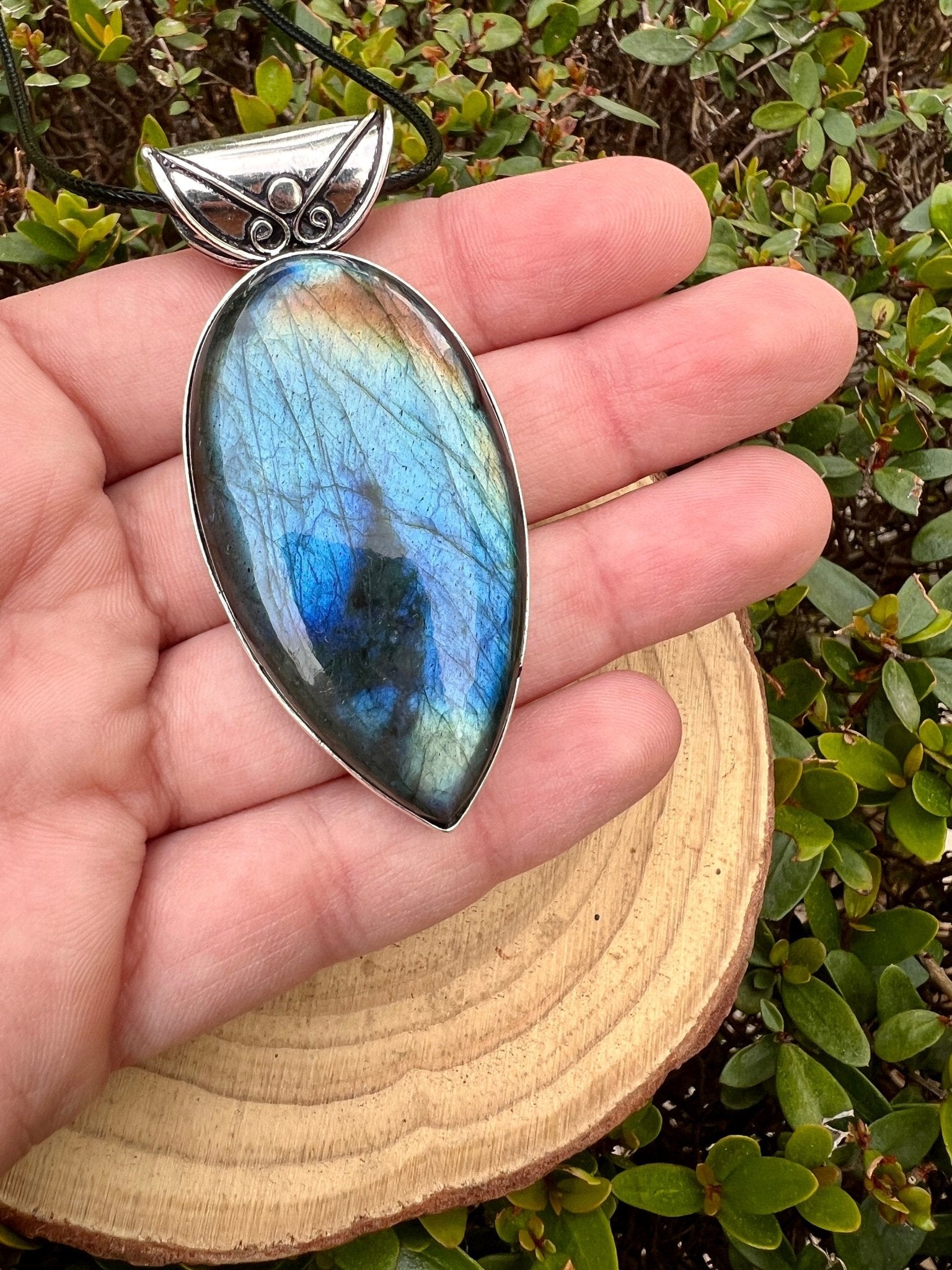 Sterling Silver Labradorite Pendant, Large Teardrop Boho Necklace - LunarGem - 