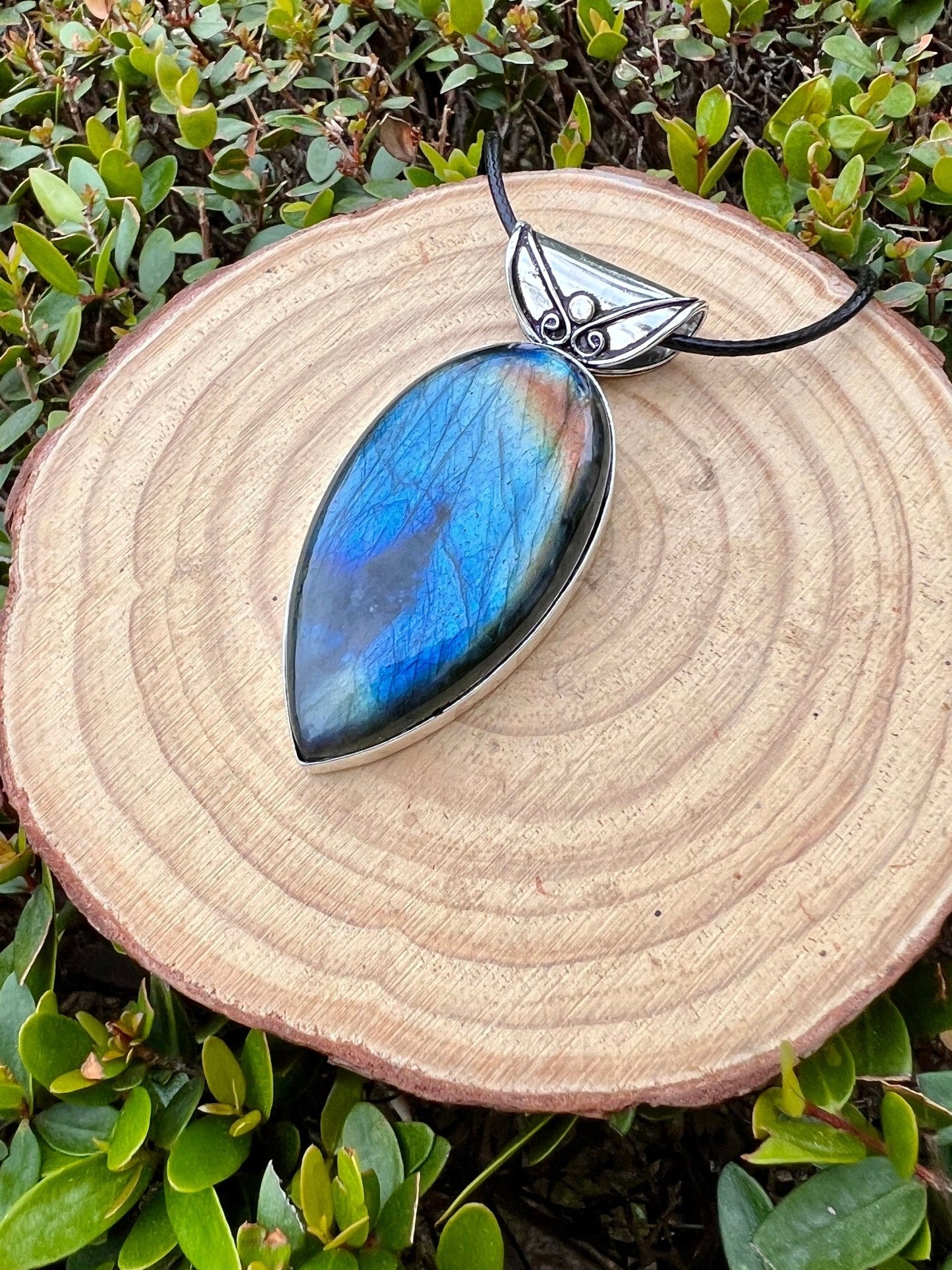 Sterling Silver Labradorite Pendant, Large Teardrop Boho Necklace - LunarGem - 