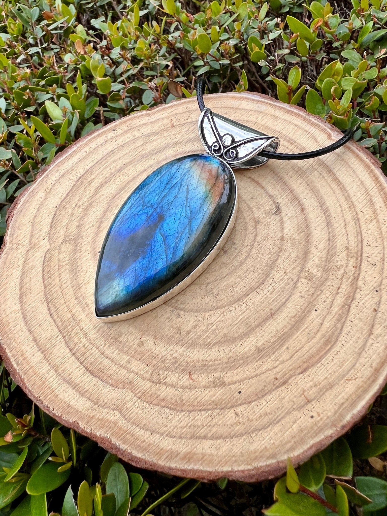 Sterling Silver Labradorite Pendant, Large Teardrop Boho Necklace - LunarGem - 