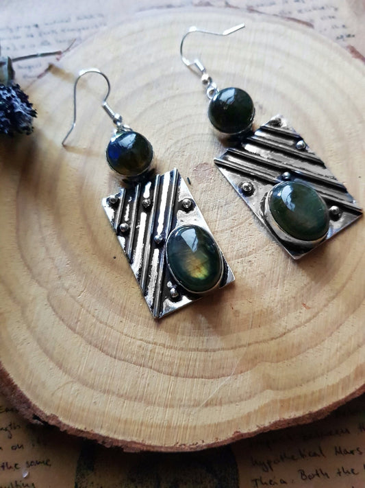 Sterling Silver Labradorite Statement Earrings: Boho Mermaid Jewelry - LunarGem - 