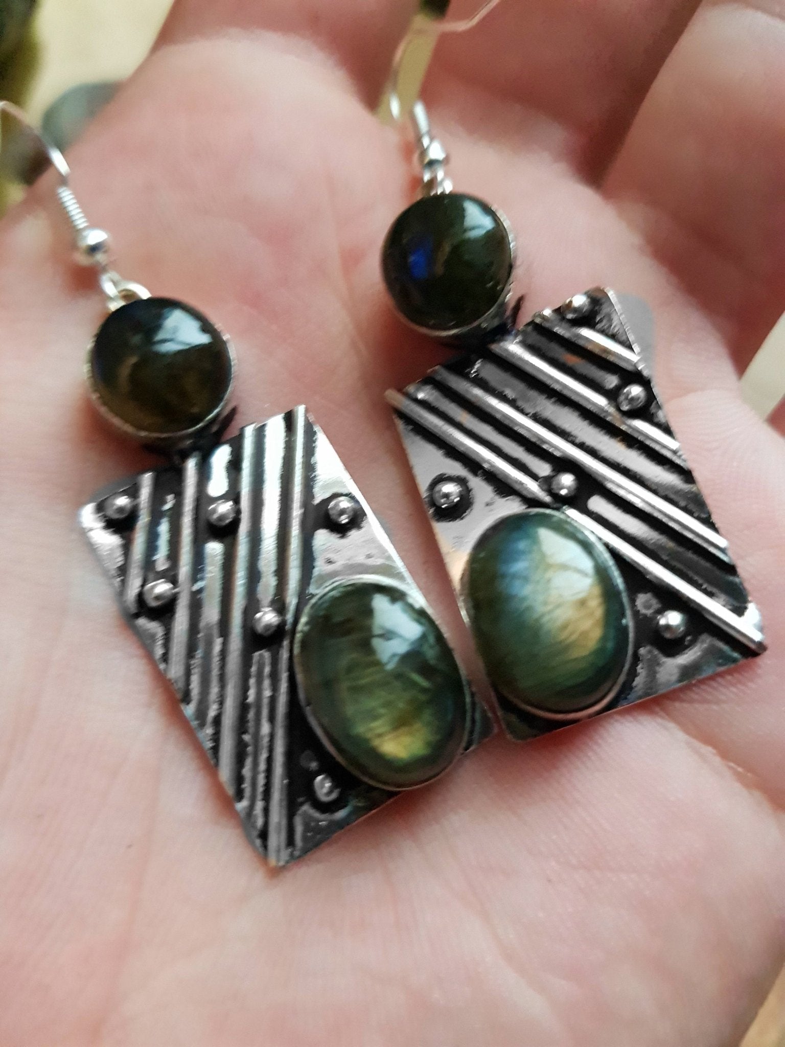Sterling Silver Labradorite Statement Earrings: Boho Mermaid Jewelry - LunarGem - 