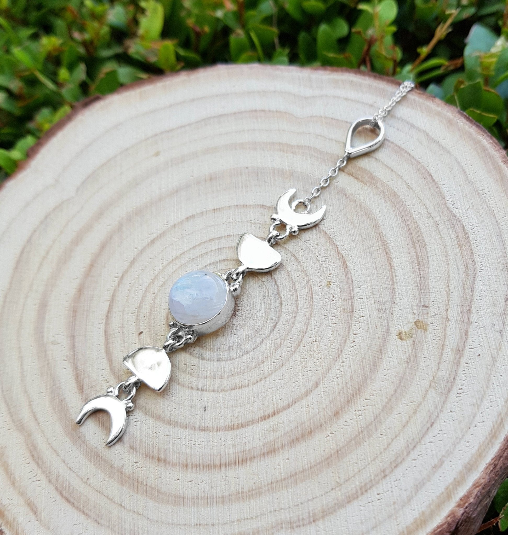 Sterling Silver Moonstone Necklace: Moon Phases Boho Pendant - LunarGem - 