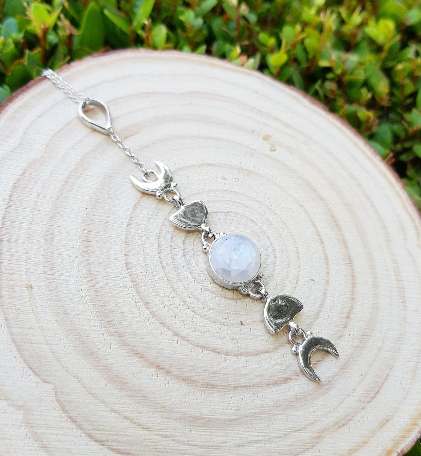 Sterling Silver Moonstone Necklace: Moon Phases Boho Pendant - LunarGem - 