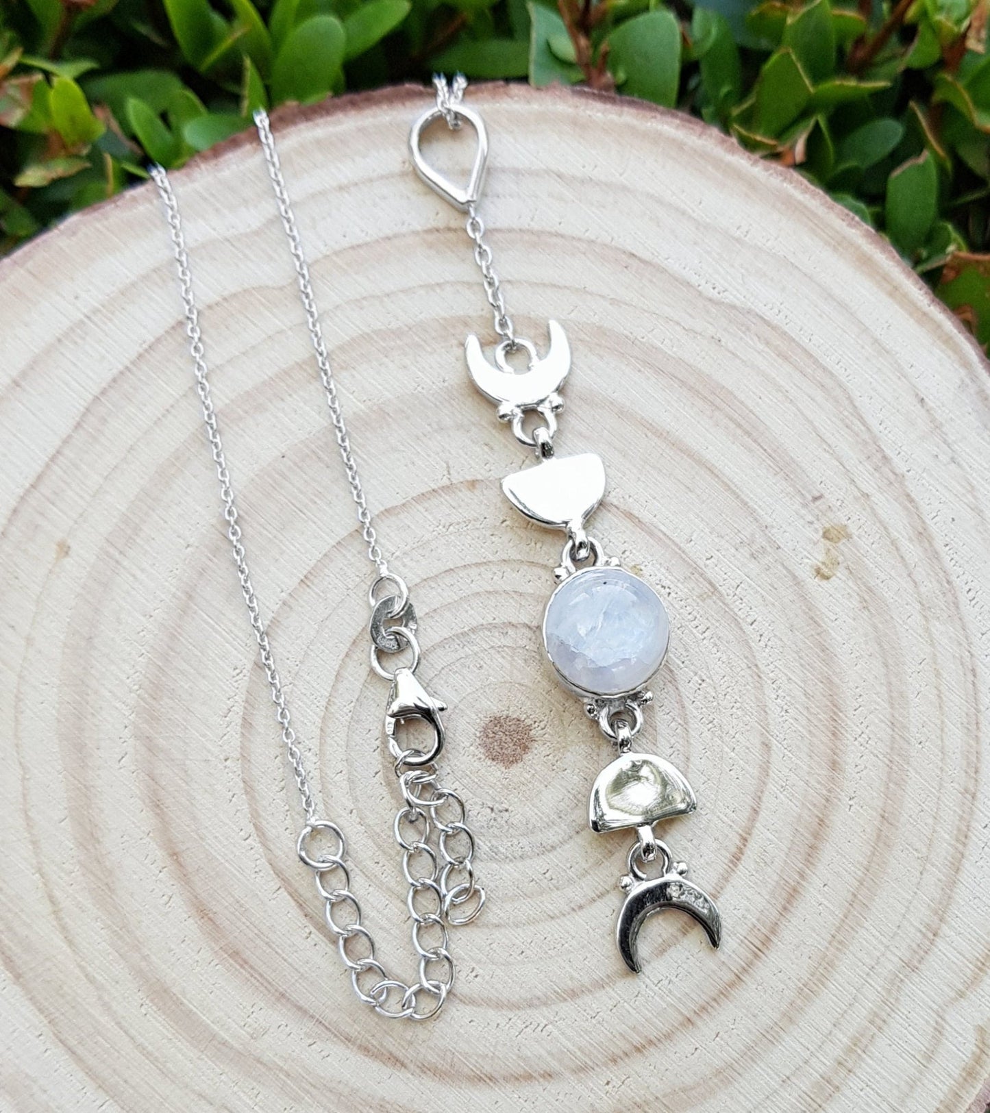 Sterling Silver Moonstone Necklace: Moon Phases Boho Pendant - LunarGem - 