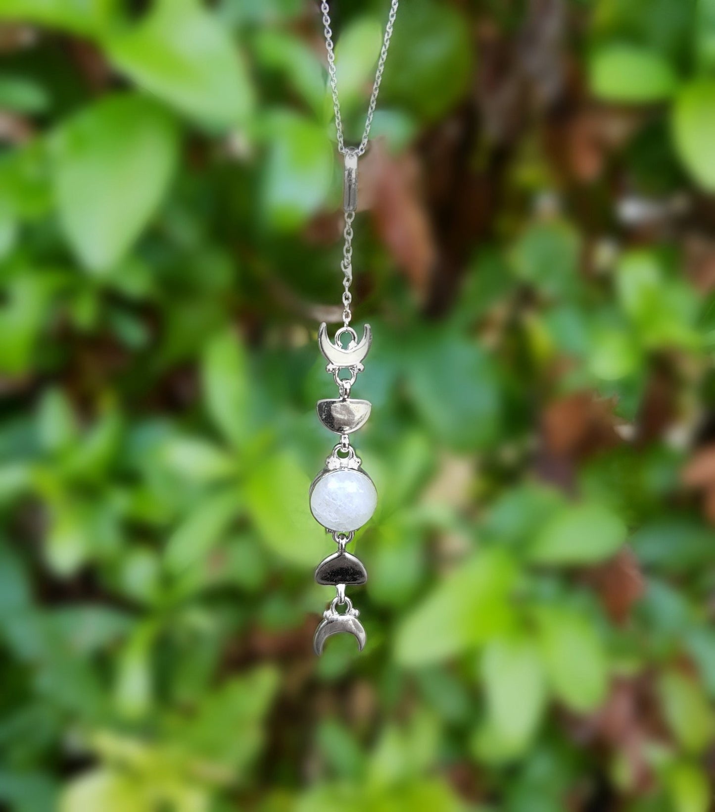 Sterling Silver Moonstone Necklace: Moon Phases Boho Pendant - LunarGem - 