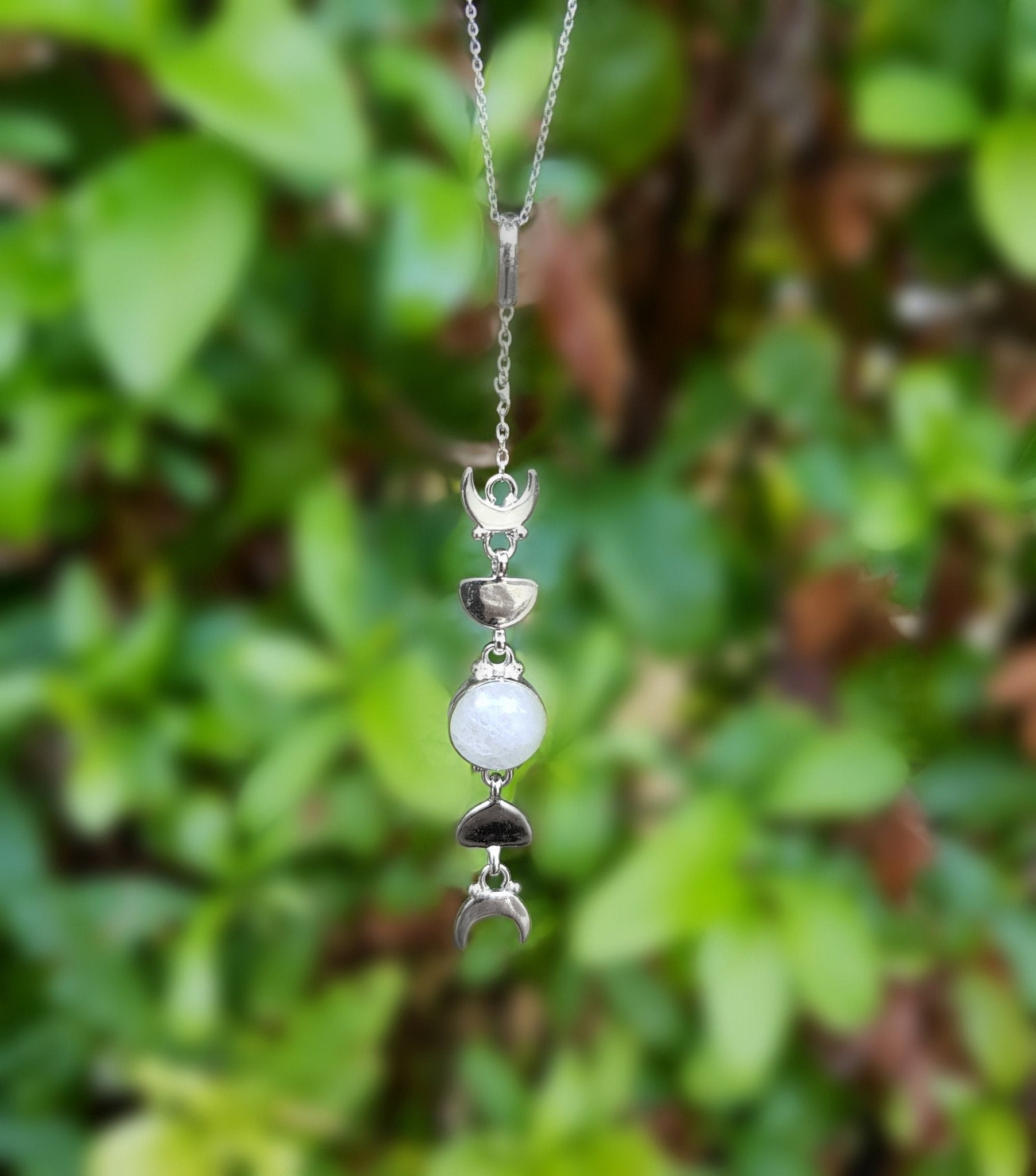 Sterling Silver Moonstone Necklace: Moon Phases Boho Pendant - LunarGem - 