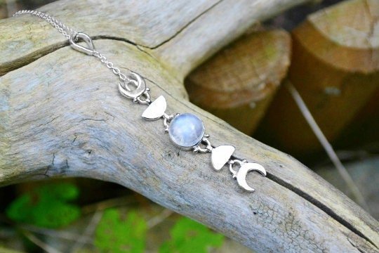 Sterling Silver Moonstone Necklace: Moon Phases Boho Pendant - LunarGem - 