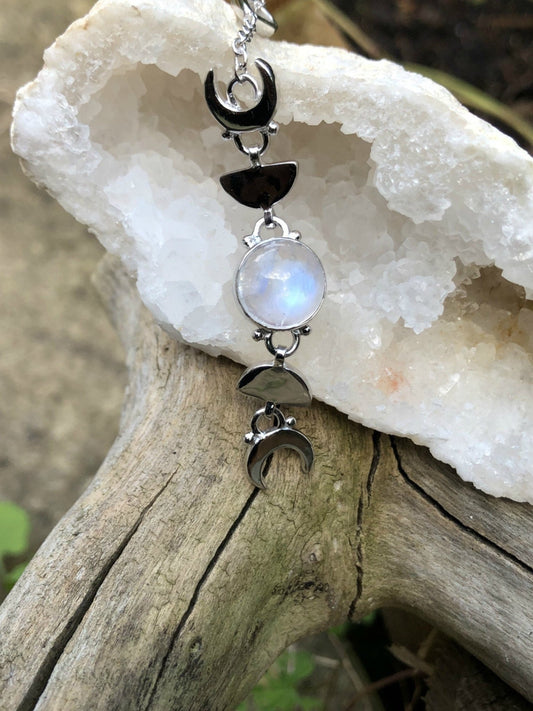 Sterling Silver Moonstone Necklace: Moon Phases Boho Pendant - LunarGem - 