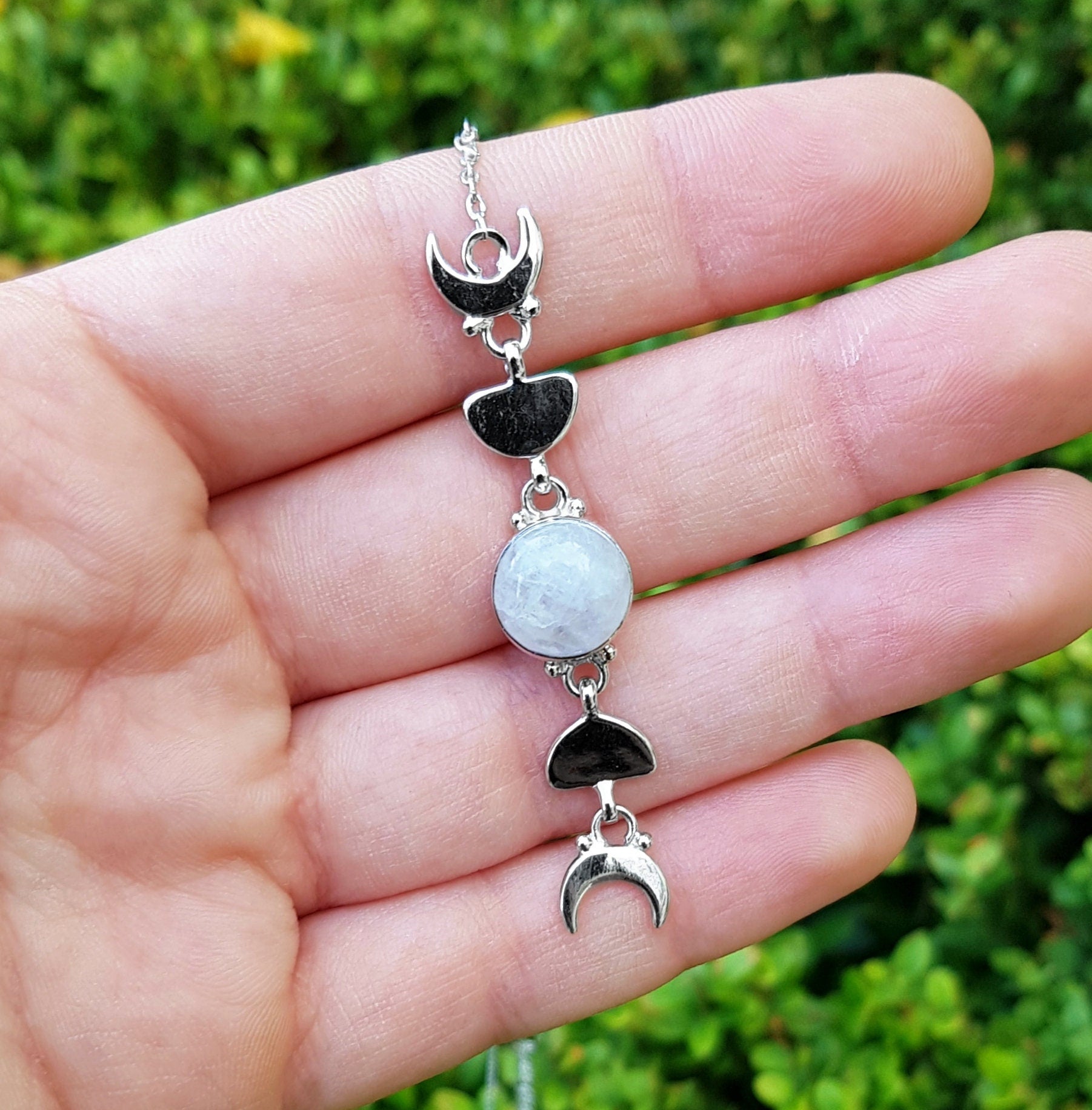 Sterling Silver Moonstone Necklace: Moon Phases Boho Pendant - LunarGem - 