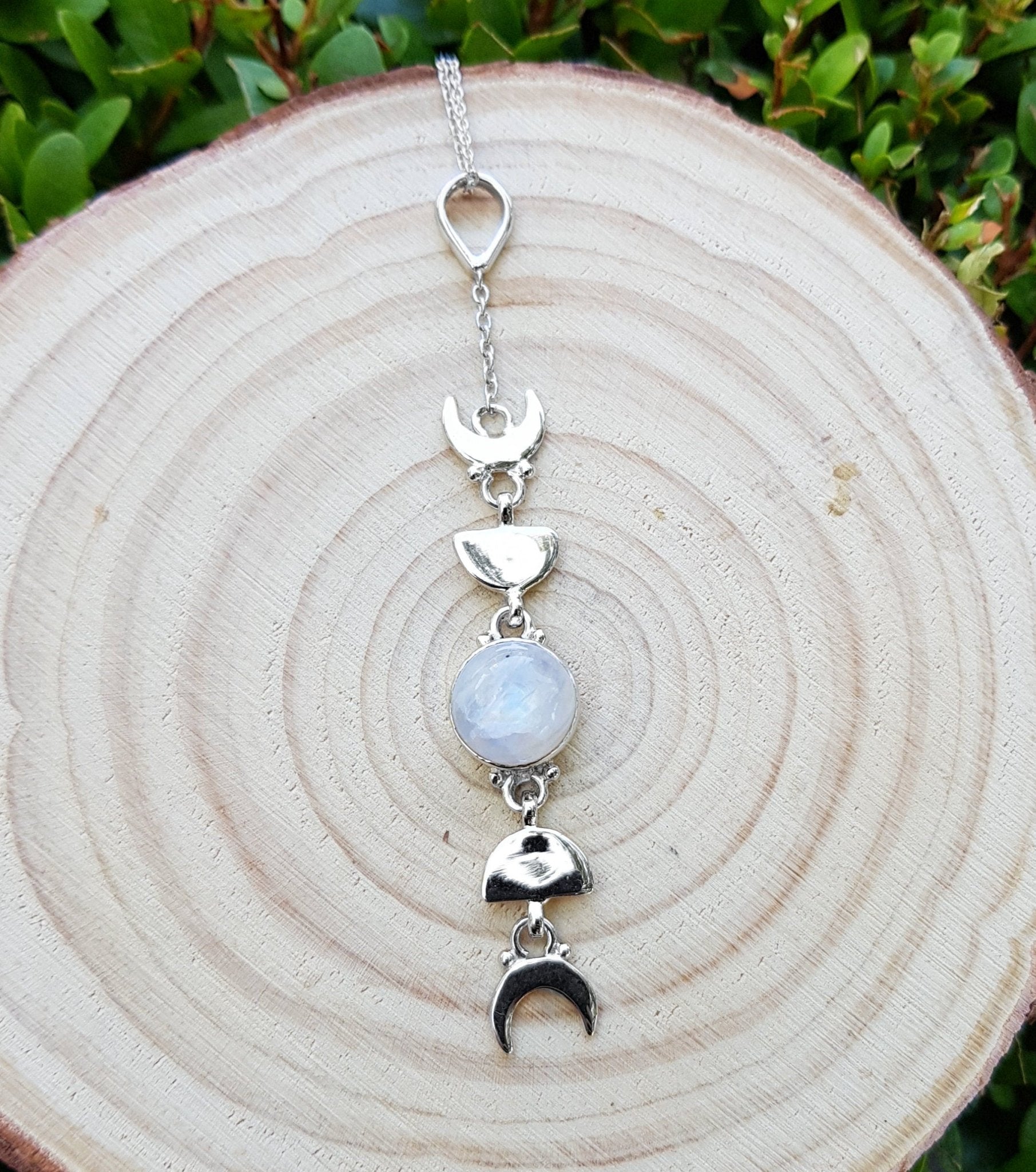 Sterling Silver Moonstone Necklace: Moon Phases Boho Pendant - LunarGem - 