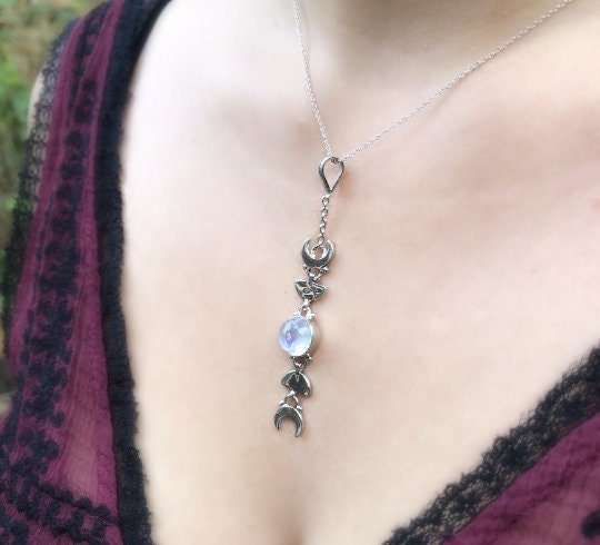 Sterling Silver Moonstone Necklace: Moon Phases Boho Pendant - LunarGem - 