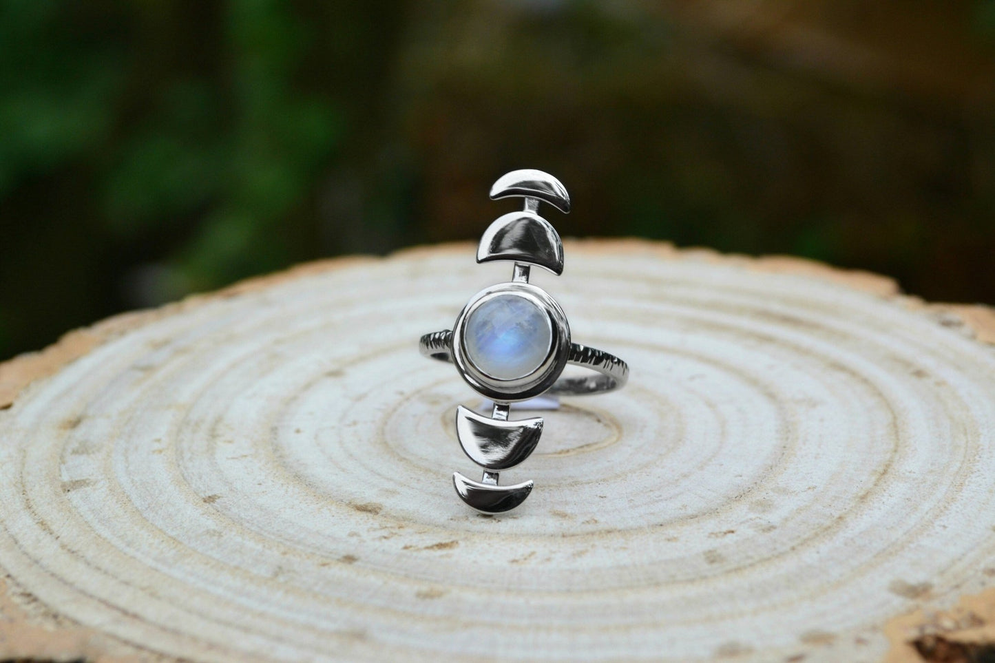 Sterling Silver Rainbow Moonstone Ring: Adjustable Moon Phases, Boho Celestial Jewelry - LunarGem - Rings