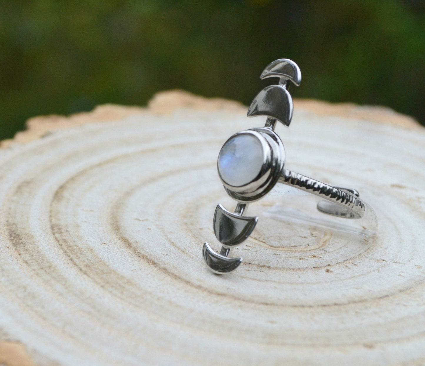 Sterling Silver Rainbow Moonstone Ring: Adjustable Moon Phases, Boho Celestial Jewelry - LunarGem - Rings