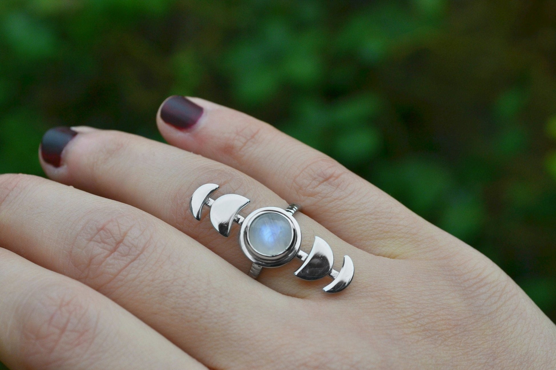 Sterling Silver Rainbow Moonstone Ring: Adjustable Moon Phases, Boho Celestial Jewelry - LunarGem - Rings