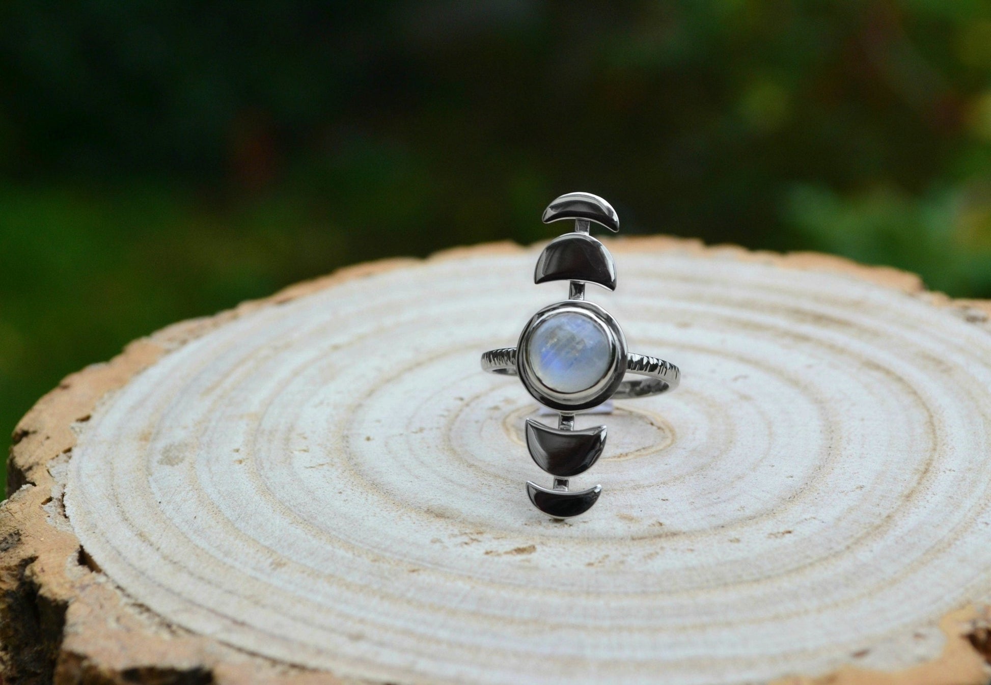 Sterling Silver Rainbow Moonstone Ring: Adjustable Moon Phases, Boho Celestial Jewelry - LunarGem - Rings