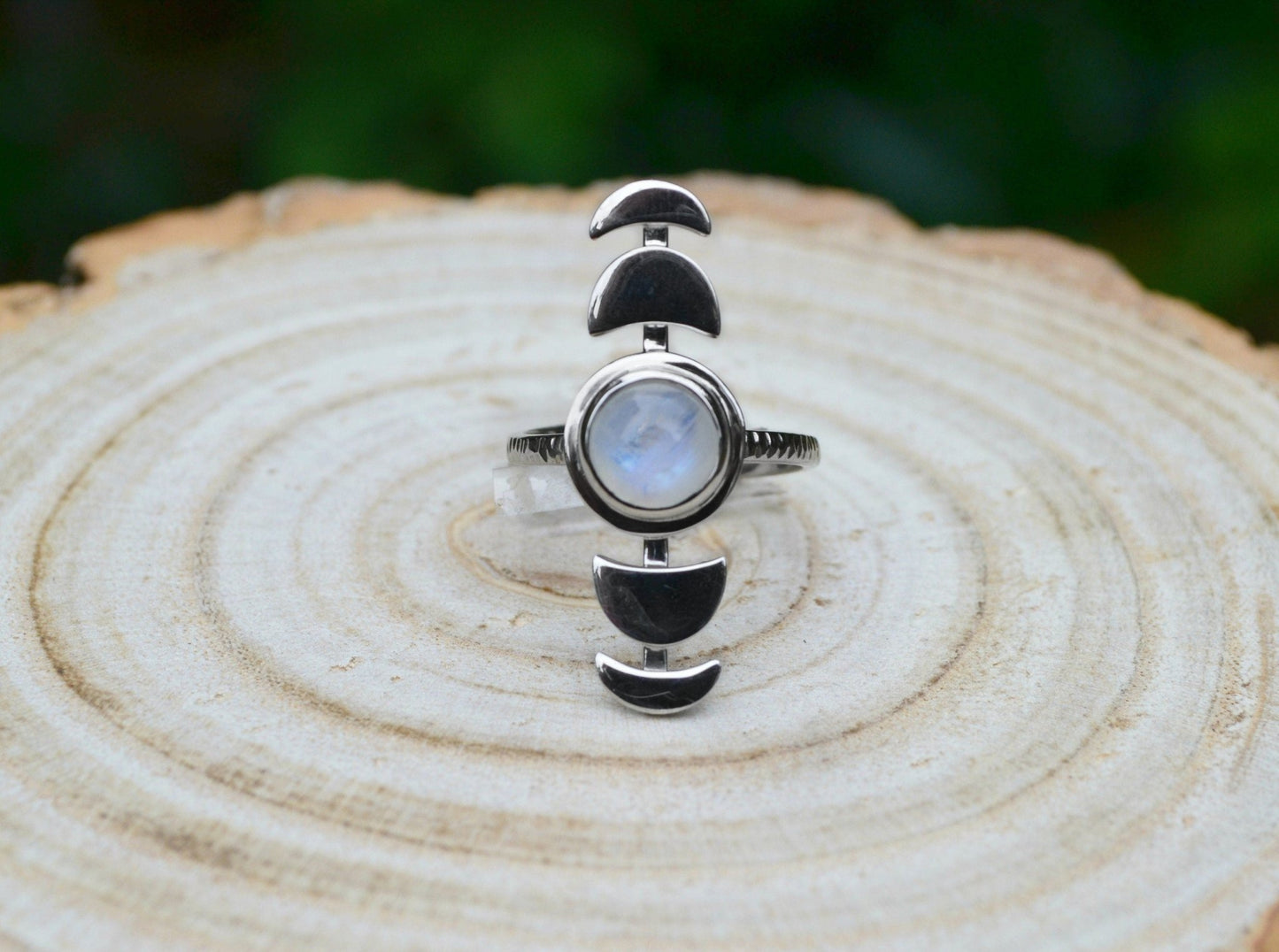 Sterling Silver Rainbow Moonstone Ring: Adjustable Moon Phases, Boho Celestial Jewelry - LunarGem - Rings