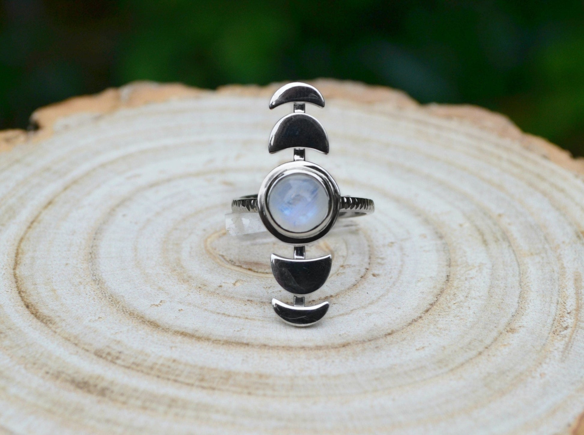 Sterling Silver Rainbow Moonstone Ring: Adjustable Moon Phases, Boho Celestial Jewelry - LunarGem - Rings