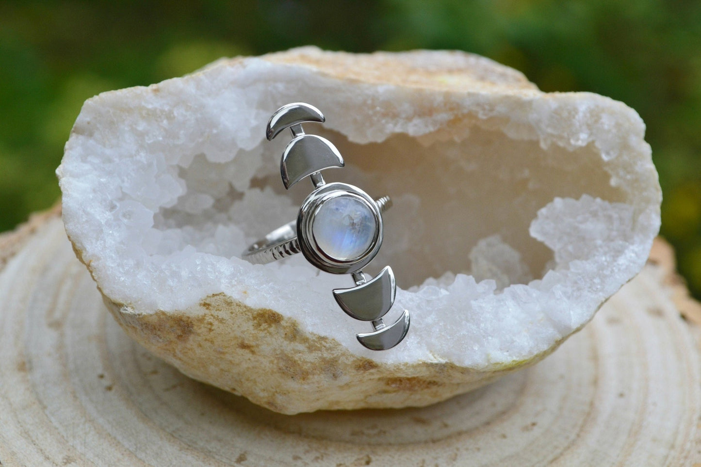 Sterling Silver Rainbow Moonstone Ring: Adjustable Moon Phases, Boho Celestial Jewelry - LunarGem - Rings
