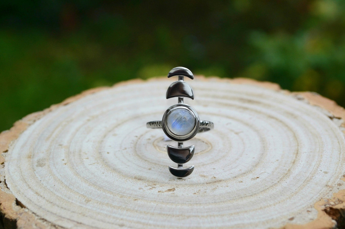 Sterling Silver Rainbow Moonstone Ring: Adjustable Moon Phases, Boho Celestial Jewelry - LunarGem - Rings