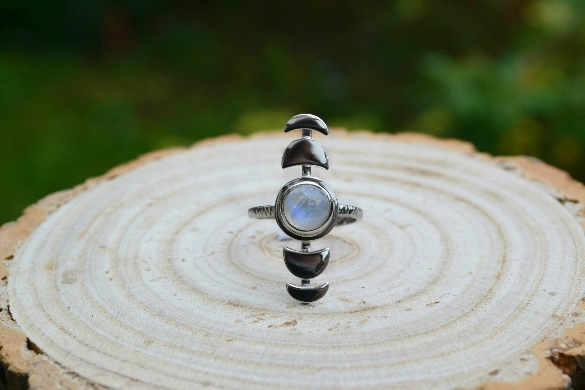 Sterling Silver Rainbow Moonstone Ring: Adjustable Moon Phases, Boho Celestial Jewelry - LunarGem - Rings