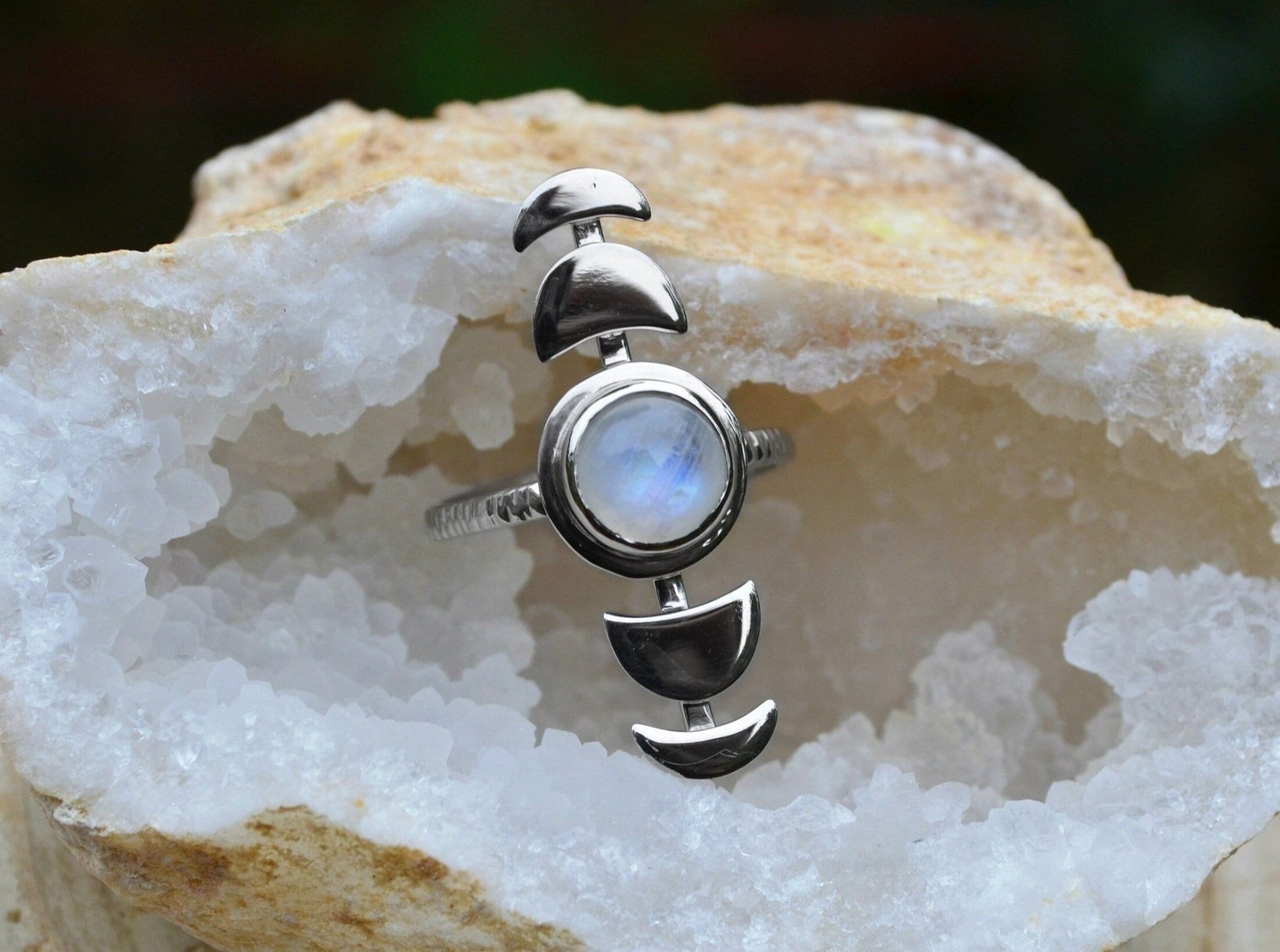 Sterling Silver Rainbow Moonstone Ring: Adjustable Moon Phases, Boho Celestial Jewelry - LunarGem - Rings
