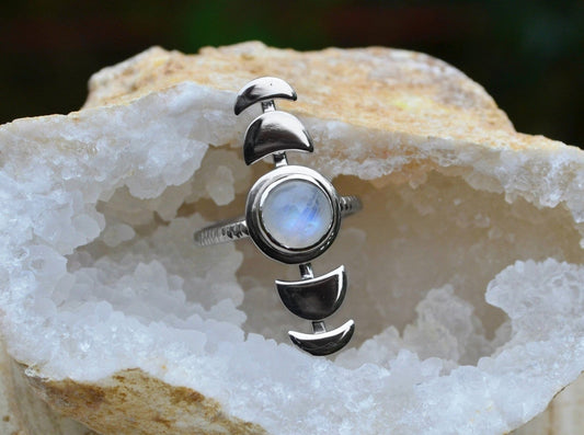 Sterling Silver Rainbow Moonstone Ring: Adjustable Moon Phases, Boho Celestial Jewelry - LunarGem - Rings