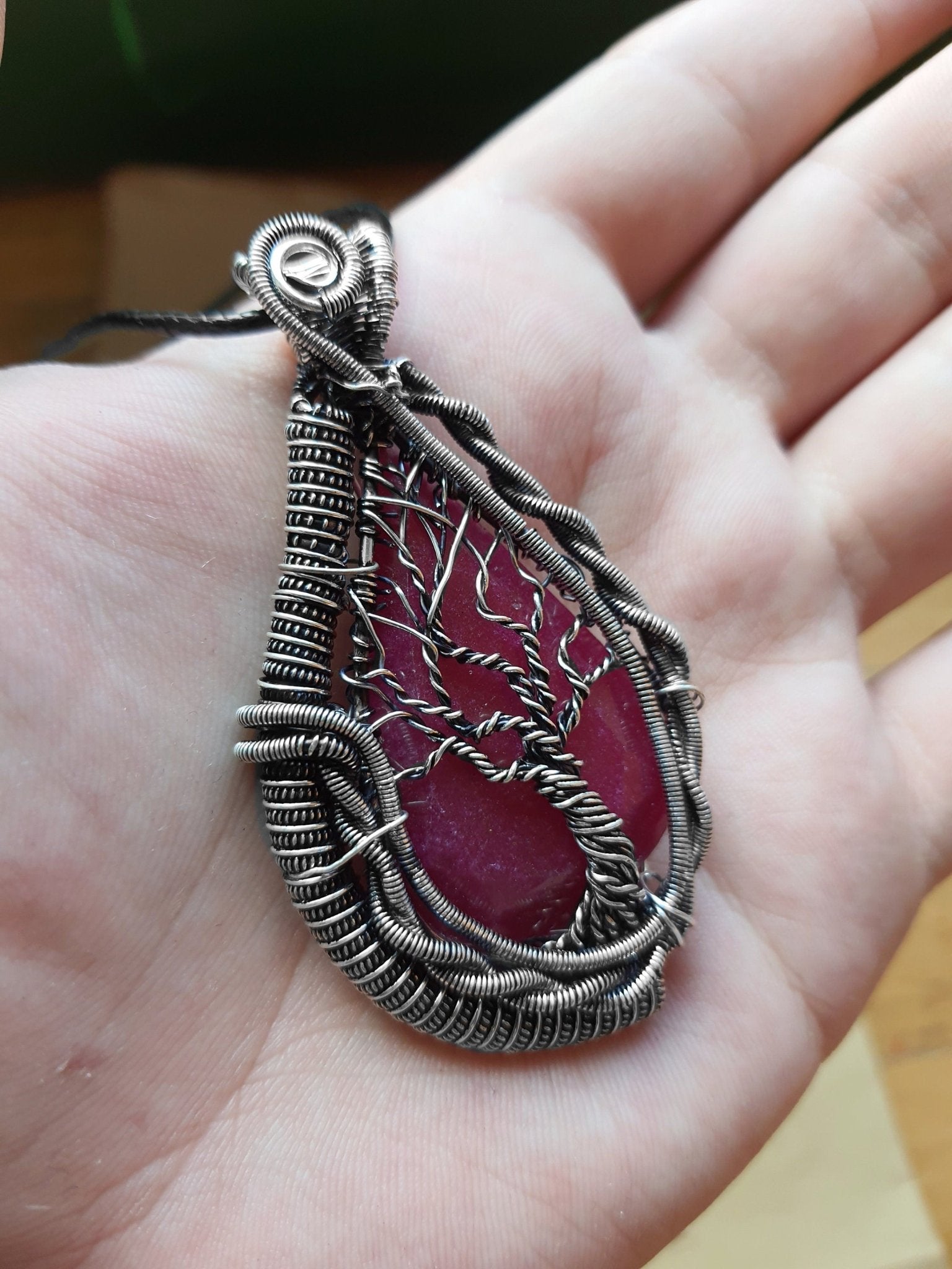 Sterling Silver Wire Wrapped Ruby Tree Necklace, One of a Kind - LunarGem - 