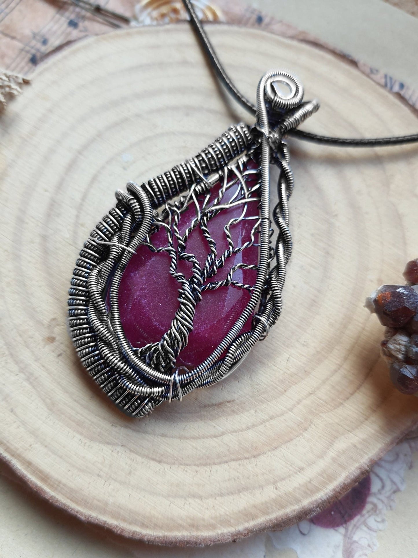 Sterling Silver Wire Wrapped Ruby Tree Necklace, One of a Kind - LunarGem - 