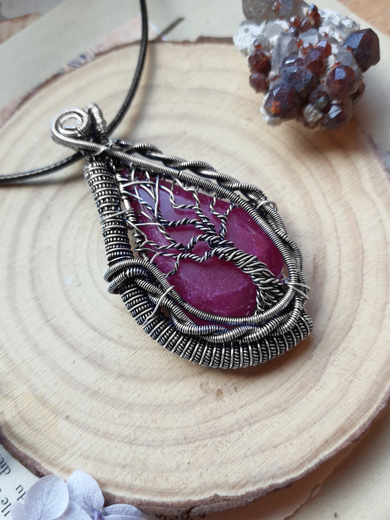 Sterling Silver Wire Wrapped Ruby Tree Necklace, One of a Kind - LunarGem - 