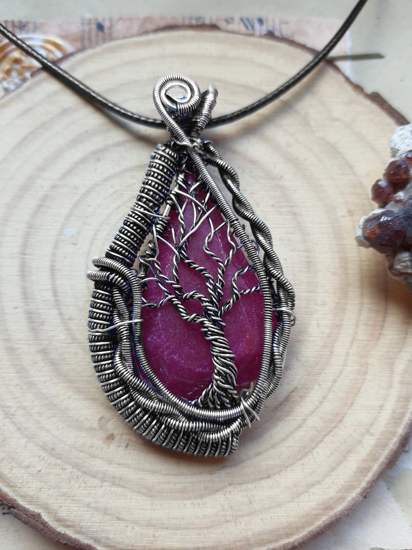 Sterling Silver Wire Wrapped Ruby Tree Necklace, One of a Kind - LunarGem - 