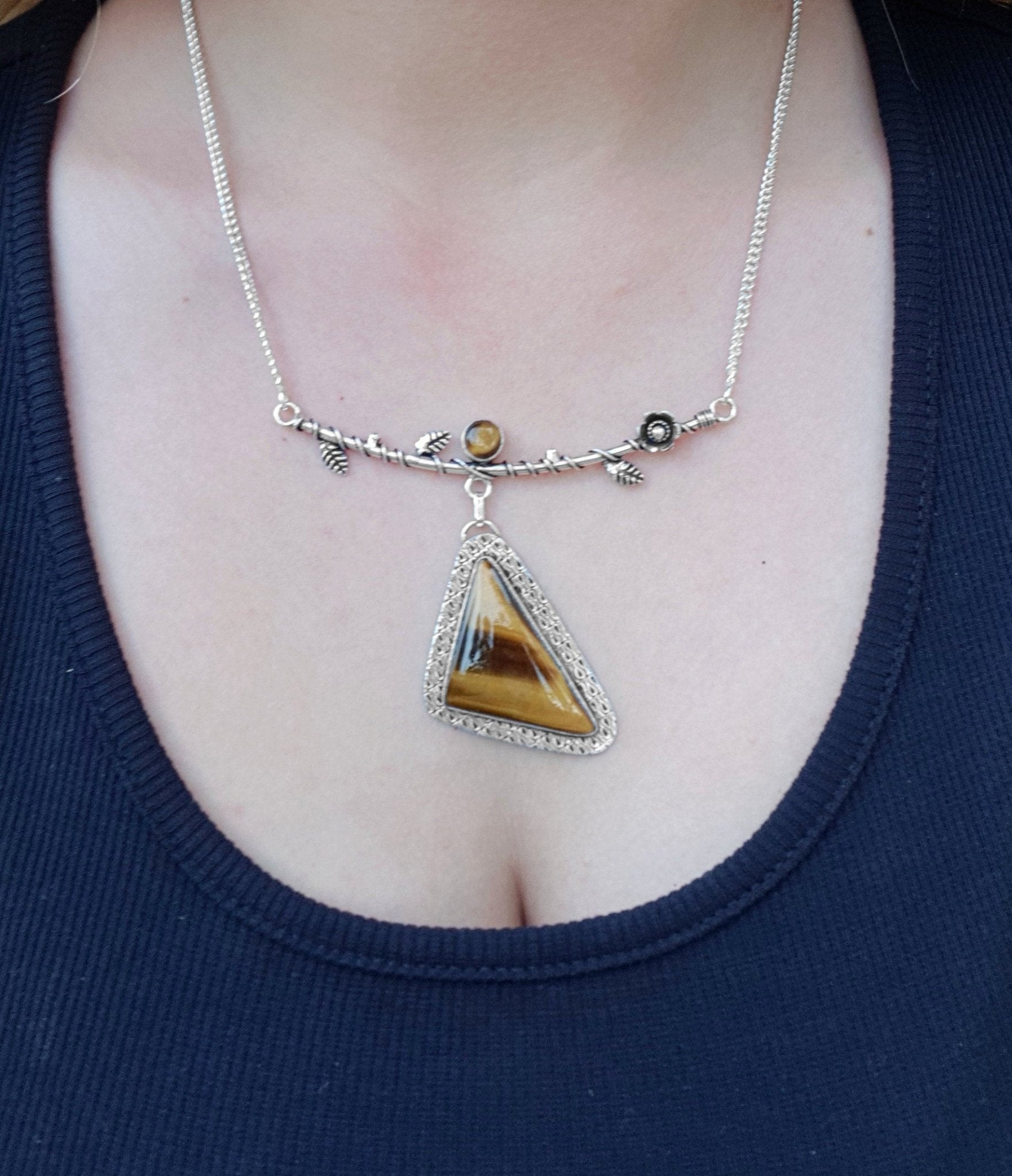 Tiger Eye Statement Necklace In Sterling Silver Twisted Vine Necklace - LunarGem - 