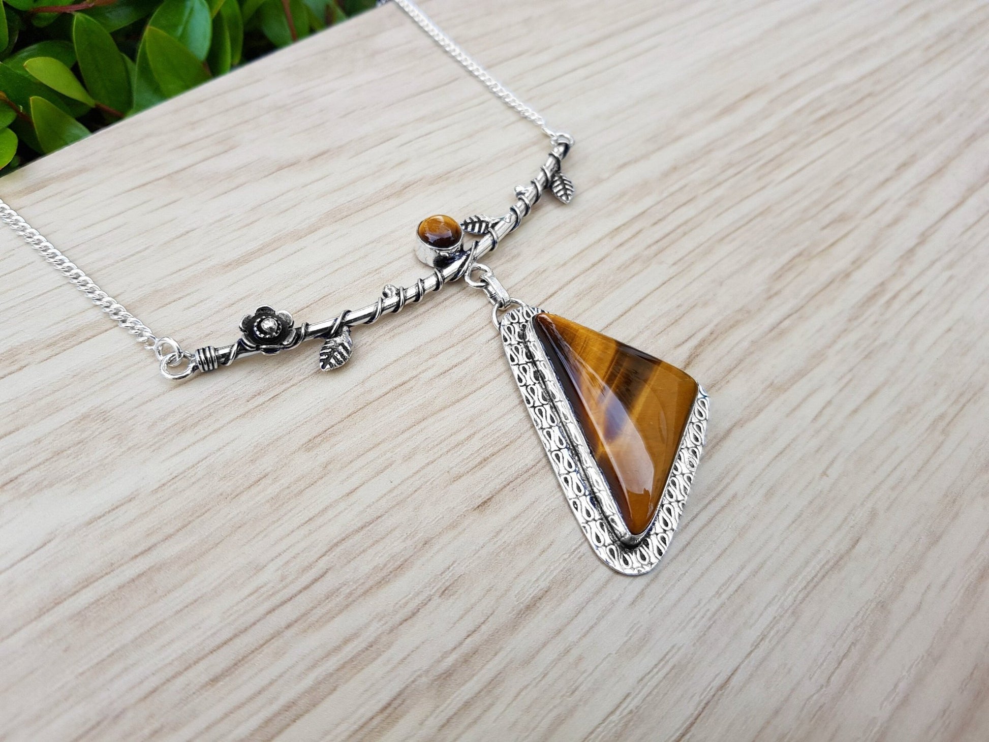 Tiger Eye Statement Necklace In Sterling Silver Twisted Vine Necklace - LunarGem - 