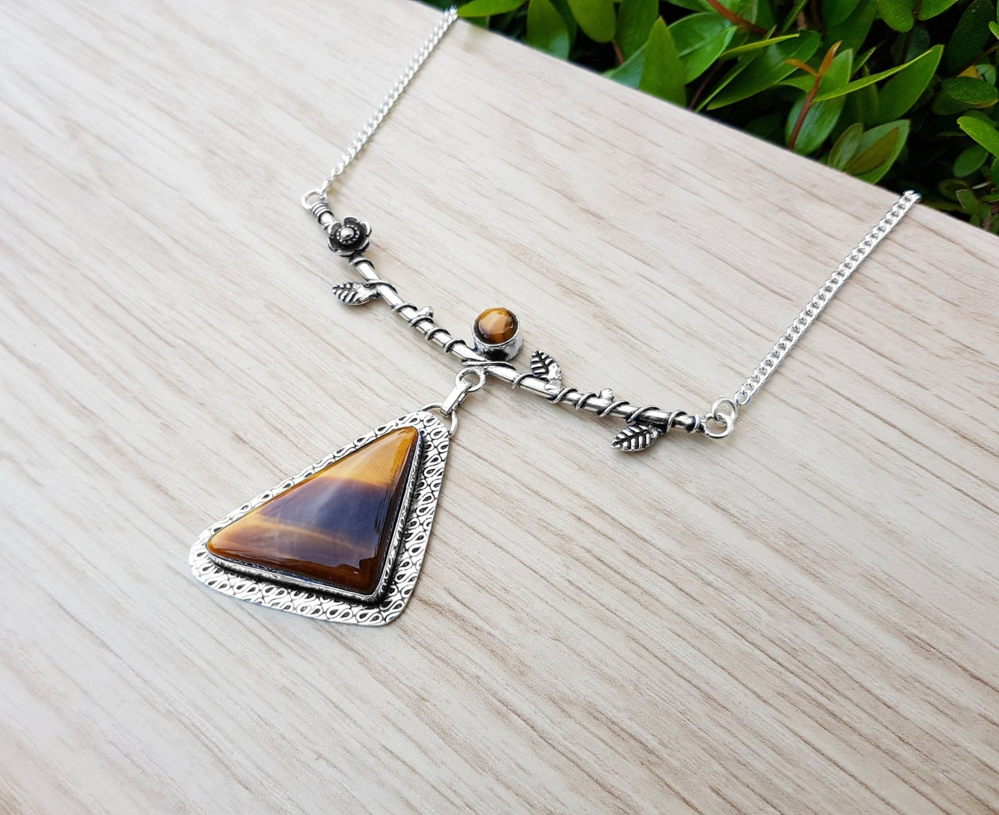Tiger Eye Statement Necklace In Sterling Silver Twisted Vine Necklace - LunarGem - 
