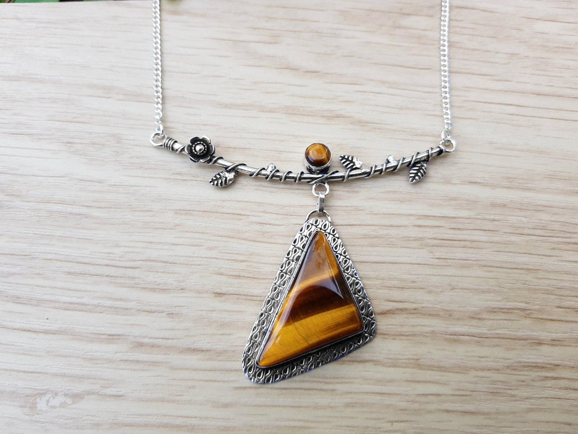 Tiger Eye Statement Necklace In Sterling Silver Twisted Vine Necklace - LunarGem - 