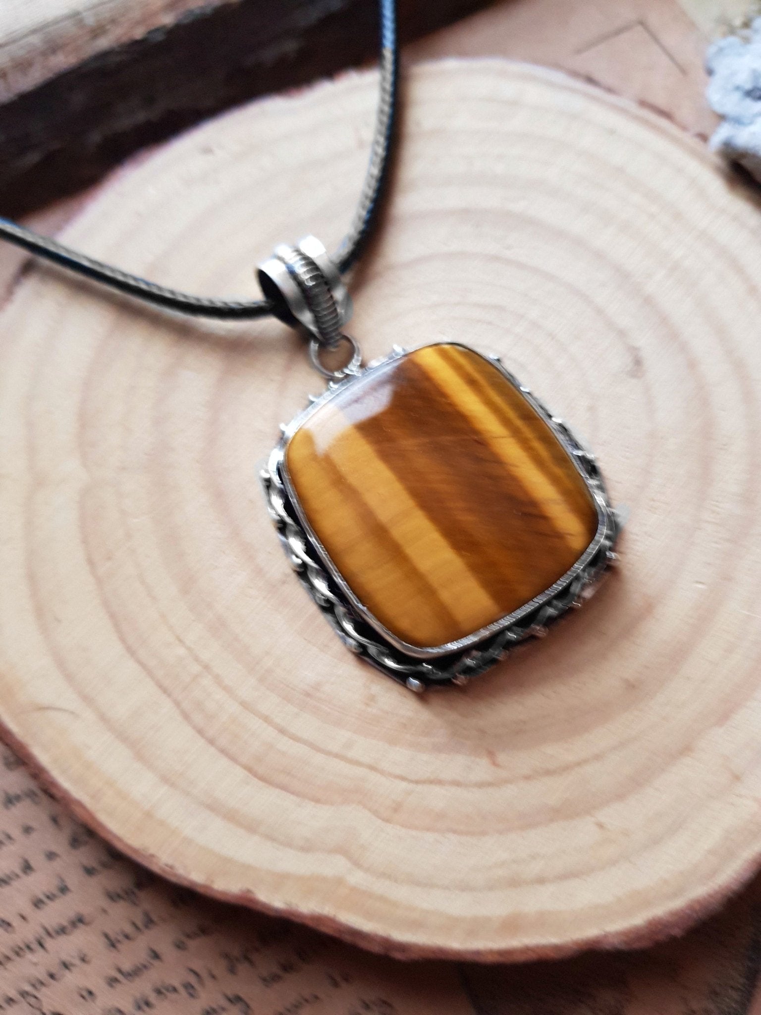 Tiger's Eye Sterling Silver Pendant Necklace: Boho Gemstone - LunarGem - 