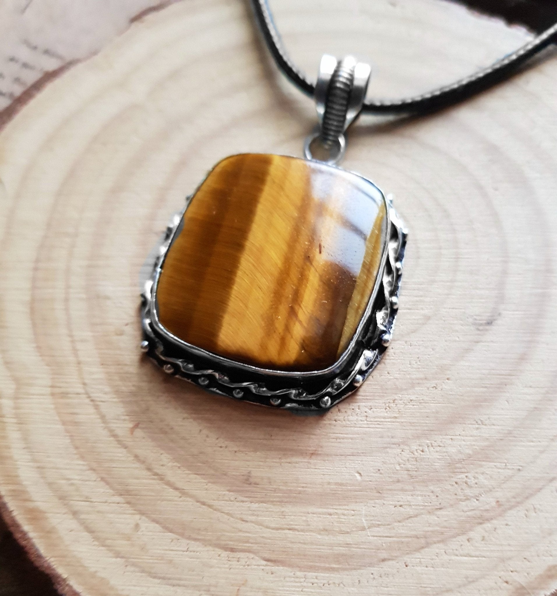 Tiger's Eye Sterling Silver Pendant Necklace: Boho Gemstone - LunarGem - 